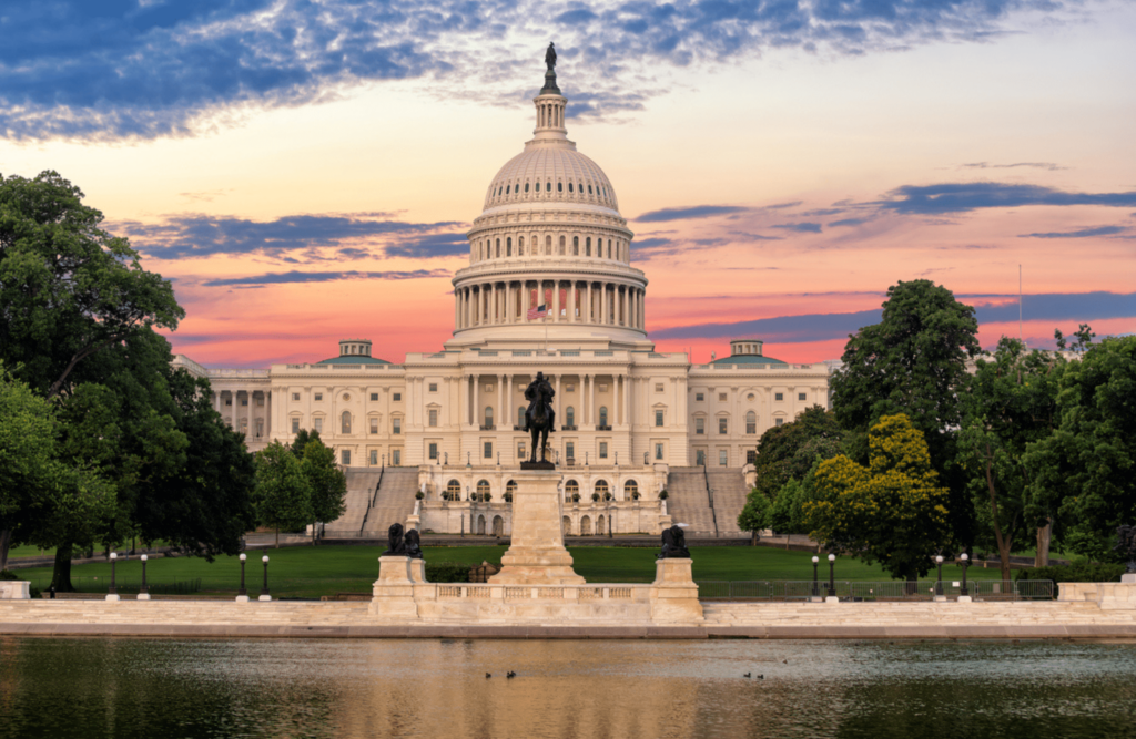 Front of Washington DC Capitol building taken at dusk