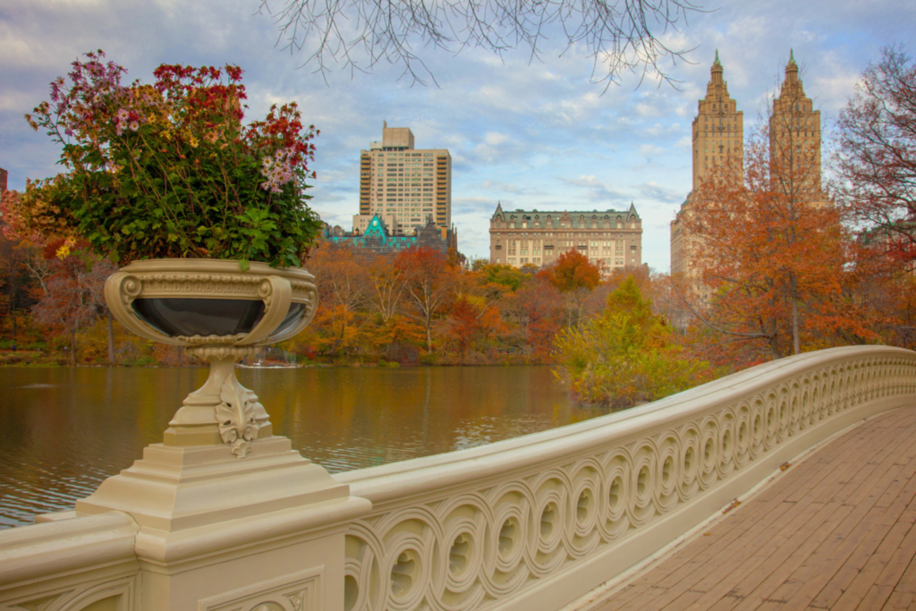 Downtown Bethesda MD featuring a bridge over a lake.